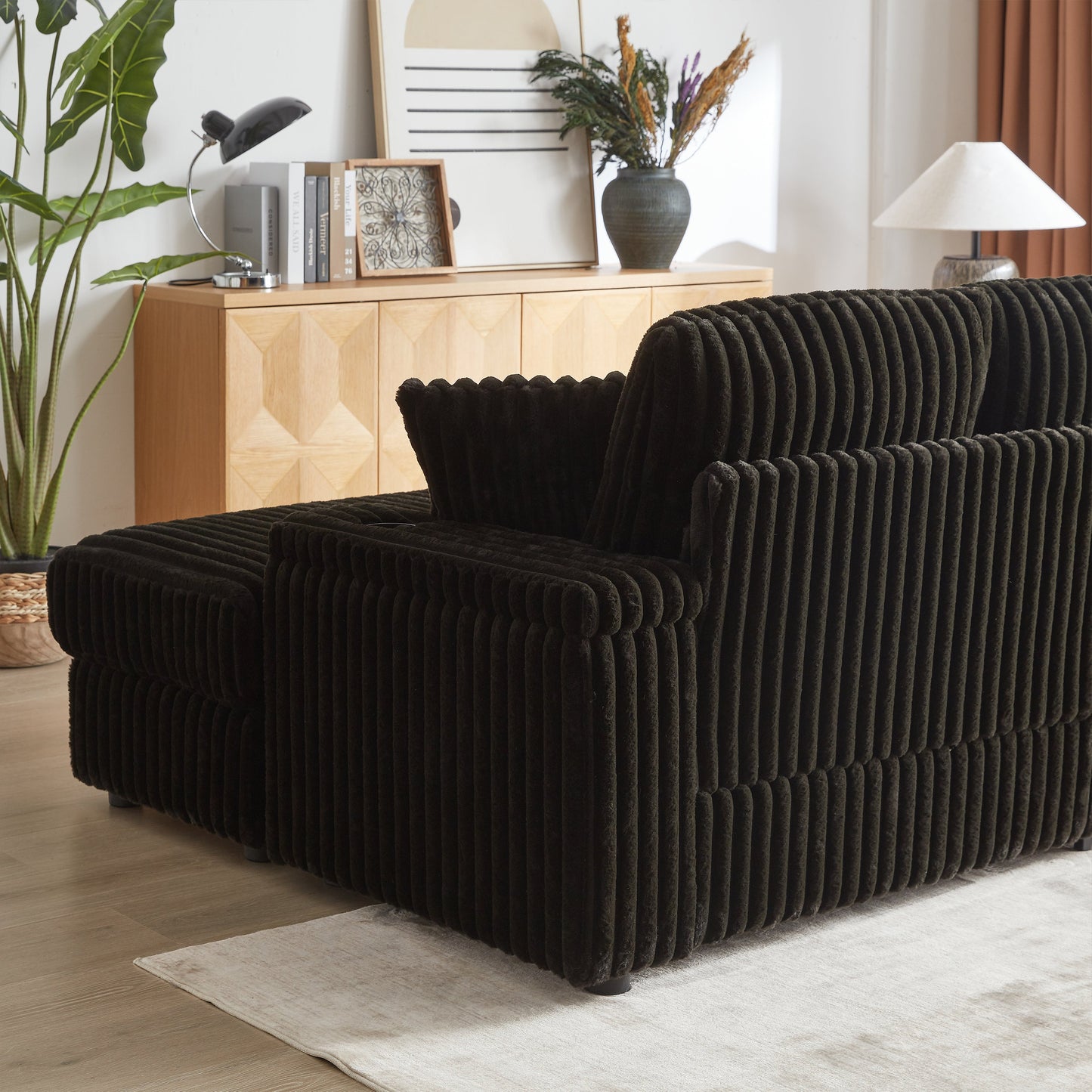 84Inch Corduroy 3-Seater Sofa With 3 Back Pillows ,2 Toss Pillows , a Ottoman ,2storage Spaces and Cup-Holding Grooves