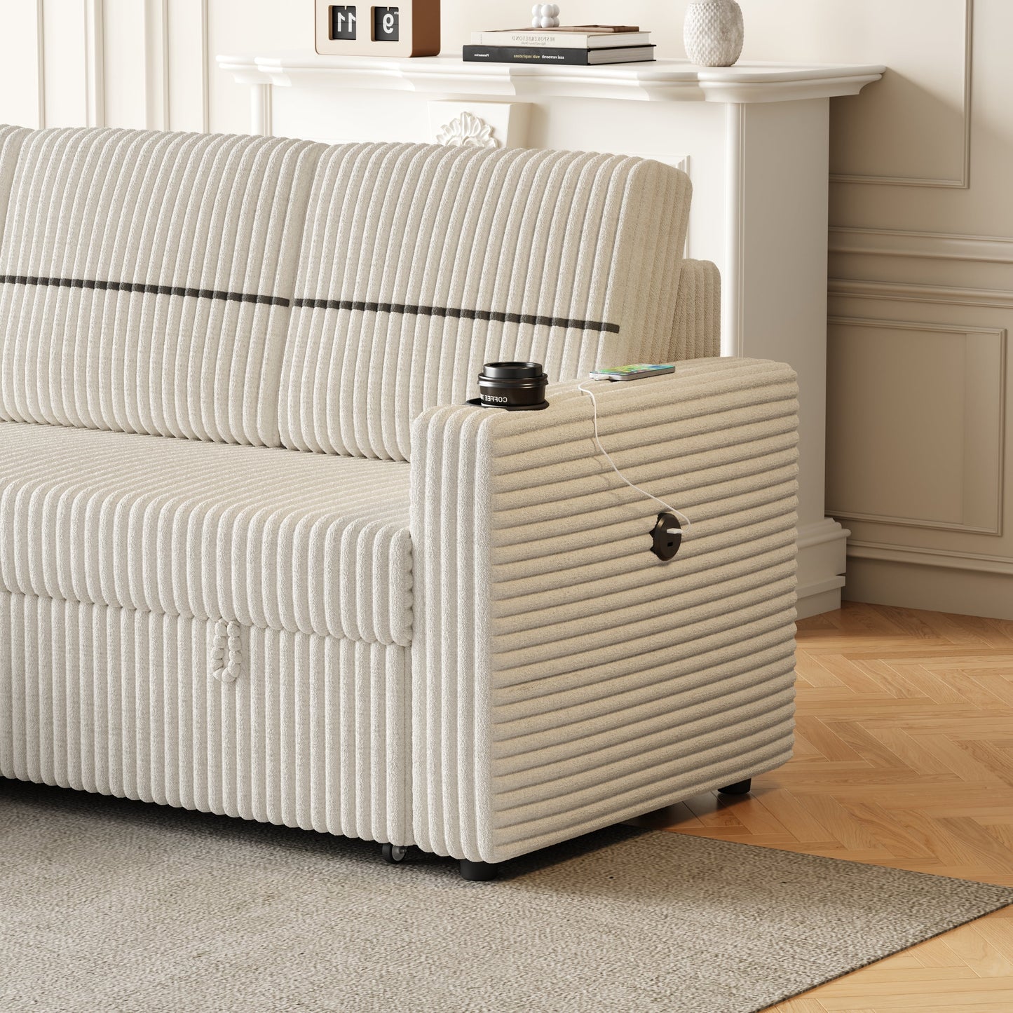 85 Inches Corduroy Sofa Bed, 3 Seater Sleeper Sofa With Storage Chaise, Square Handrail With Two Cup-Holder and USB Charger