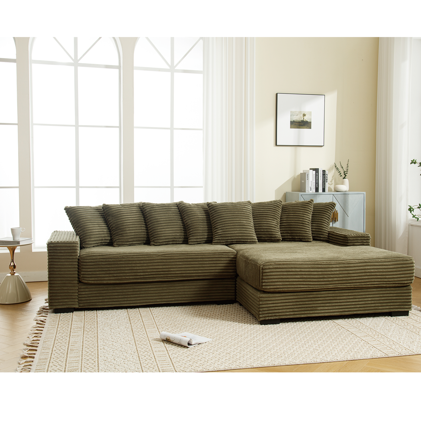 Oversized Two-Piece Couches, L Shaped Sofa, Corduroy, Right Chaise Daybed,with Armrests,Eight Throw Pillows,Corner Sofa