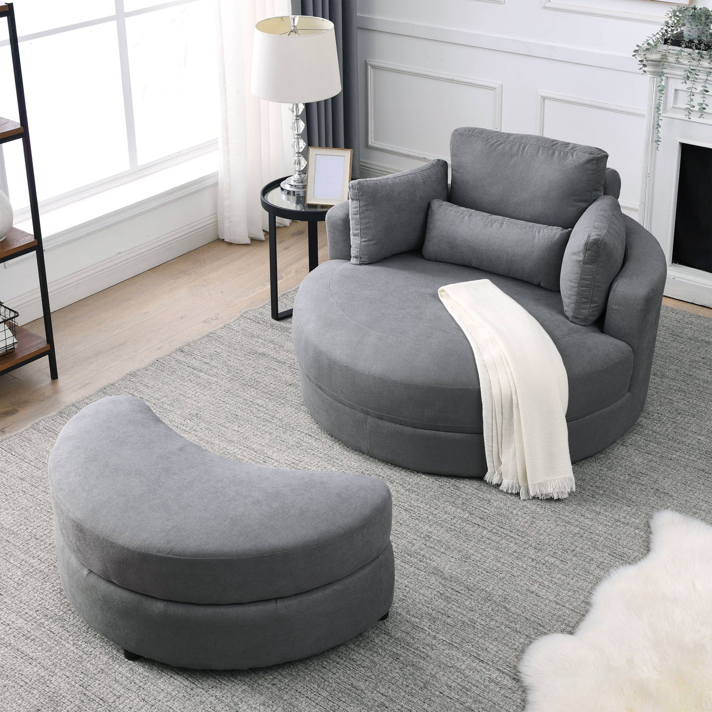 Swivel Accent Barrel Modern Dark Grey Sofa Lounge Club Big Round Chair With Storage Ottoman Linen Fabric for Living Room