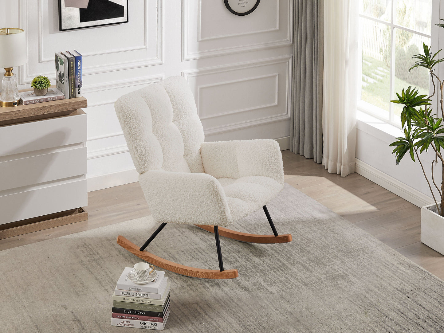 Comfy Upholstered Lounge Chair Rocking Chair With High Backrest, for Nursing Baby, Reading, Napping OFF WHITE