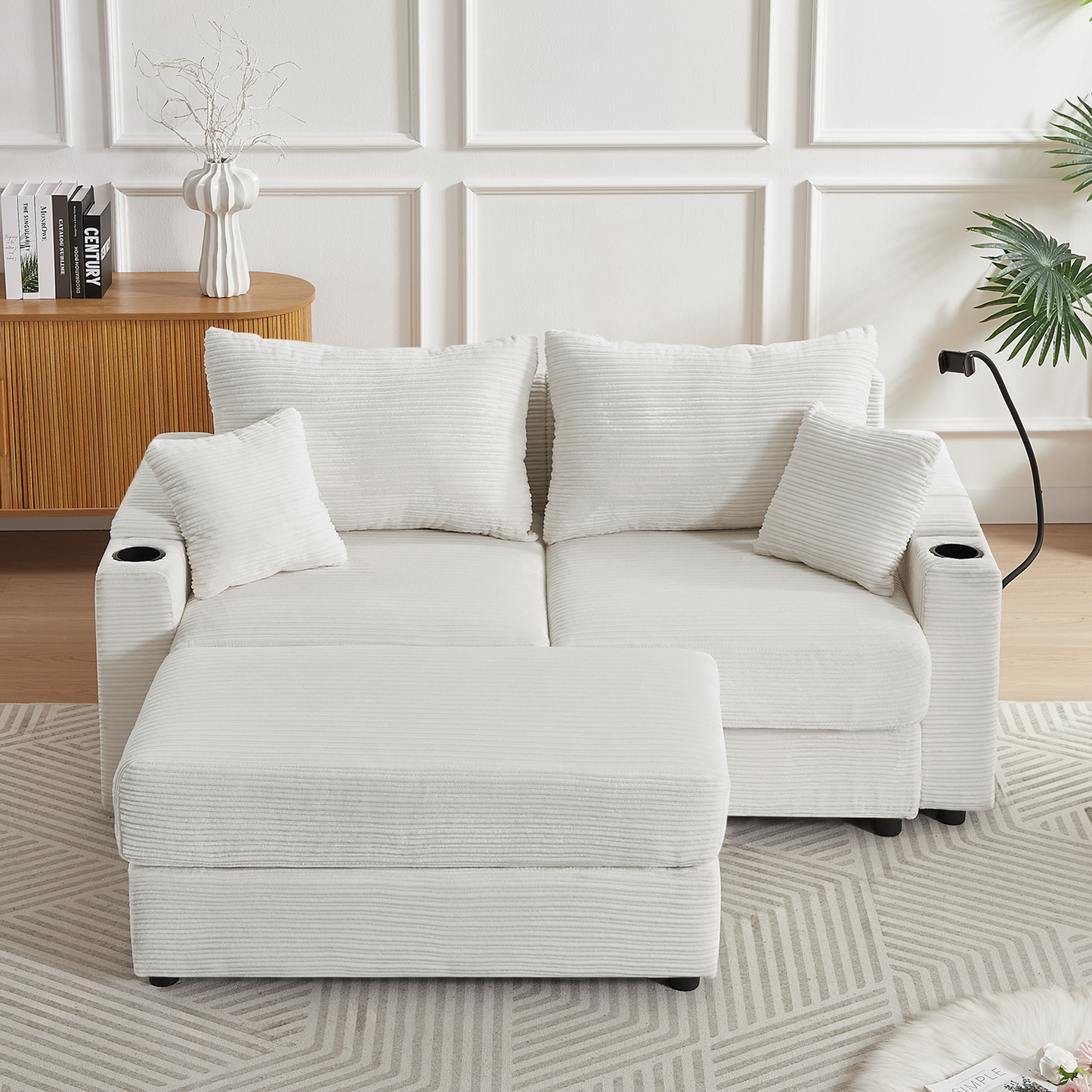 72.8" Modern Style Loveseat Sofa Sectional Sofa Couch With Storage Space, a Movable Ottoman, Two USB Ports, Two Cup Hold
