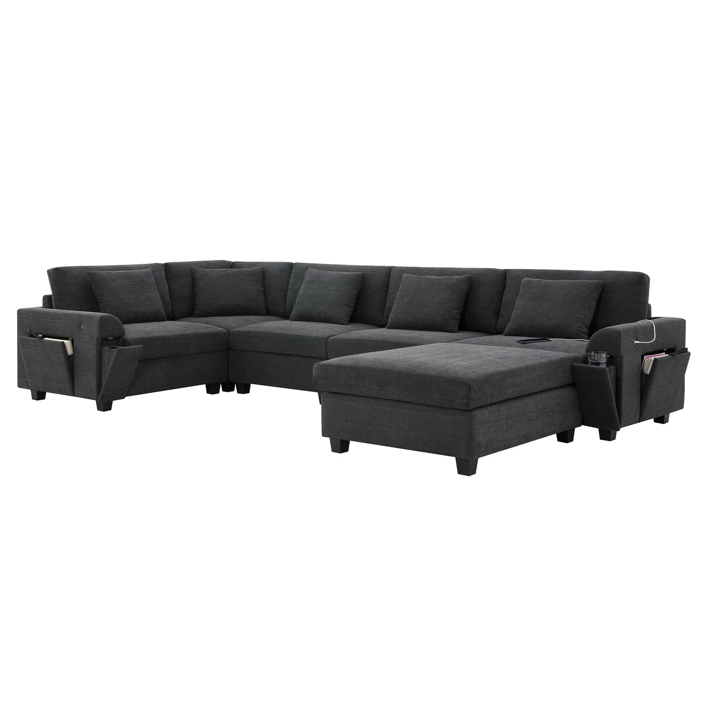 128*67" U Shaped Sectional Sofa,6 Seat Chenille Couch Set With Oversized Ottoman,Hidden Armrest Storage and Cup Holders