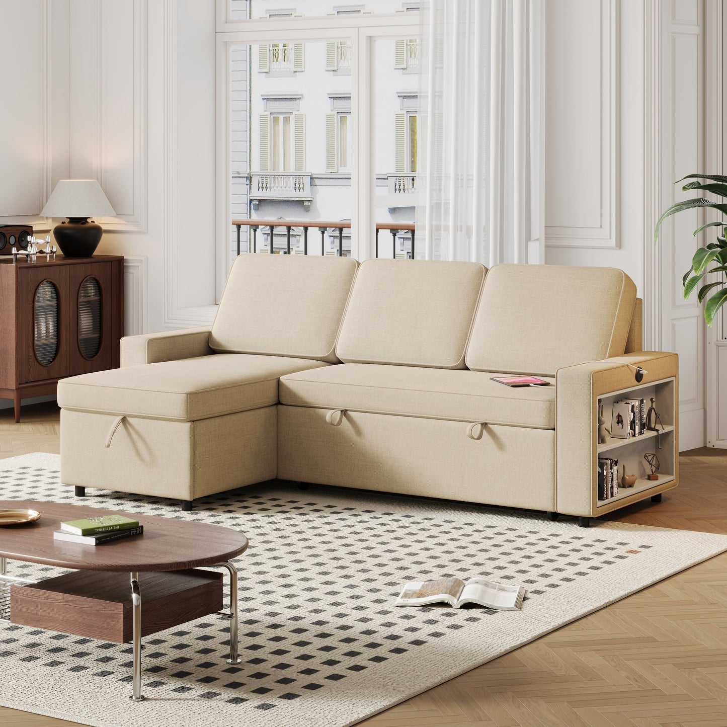 85.8" Pull Out Sleeper Sofa L-Shaped Couch Convertible Sofa Bed With Storage Chaise and Storage Racks,With USB Port