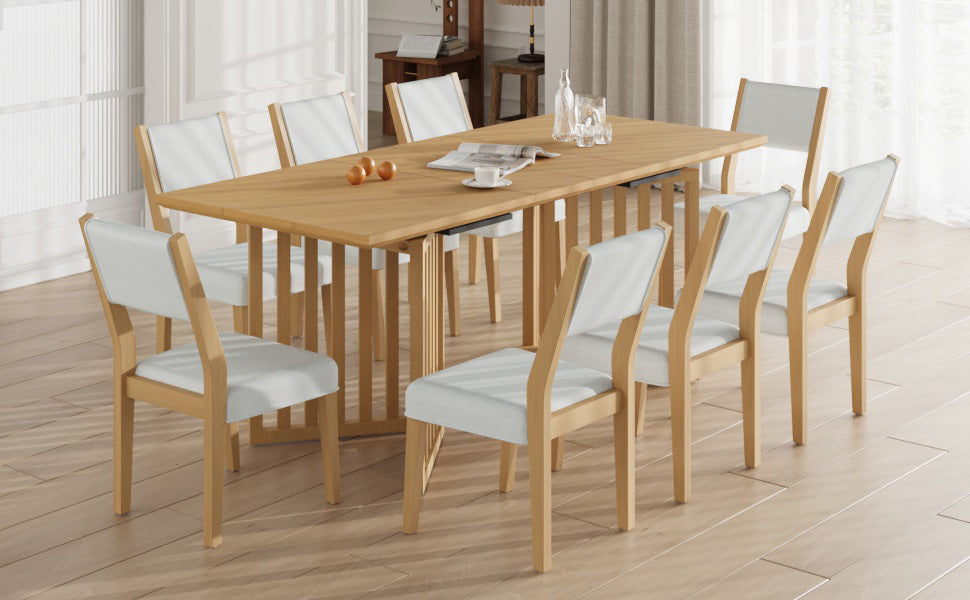 Farmhouse 9-Piece 83.9inch Extendable Dining Table Set With 2 12-Inch Removable Leaves and 8 Upholstered Dining Chairs,