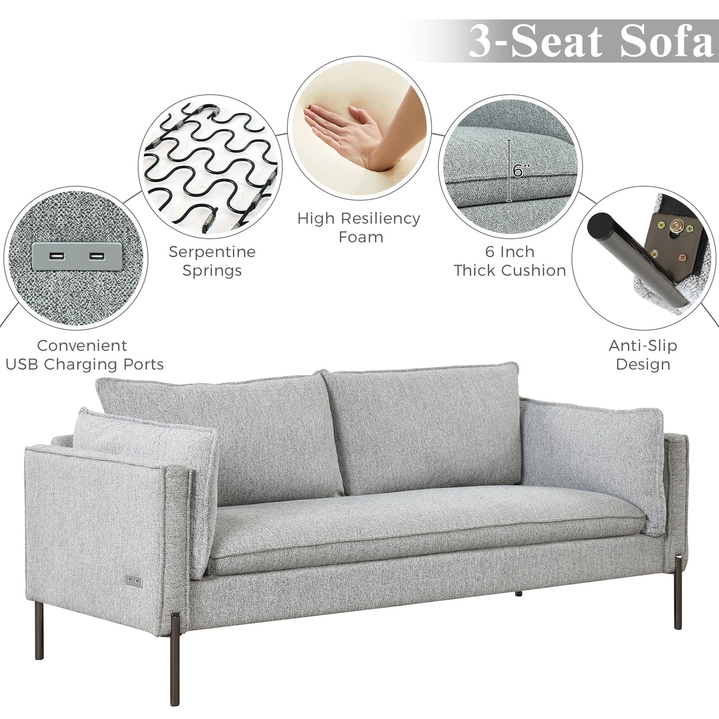 76.2" Modern Style 3 Seat Sofa Linen Fabric Upholstered Couch Furniture 3-Seats Couch for Different Spaces,Living Room