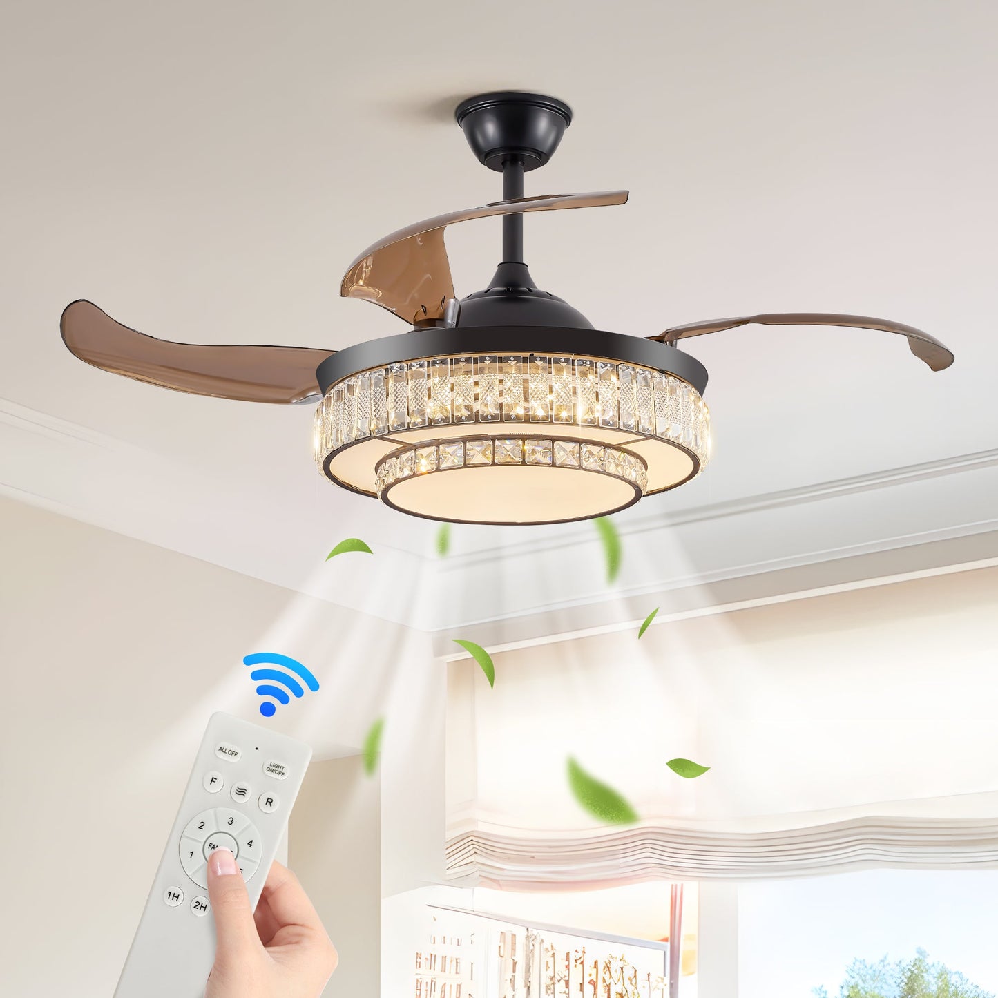 Contemporary LED Retractable Ceiling Fan With Light and Remote Control, Quiet Reversible Motor