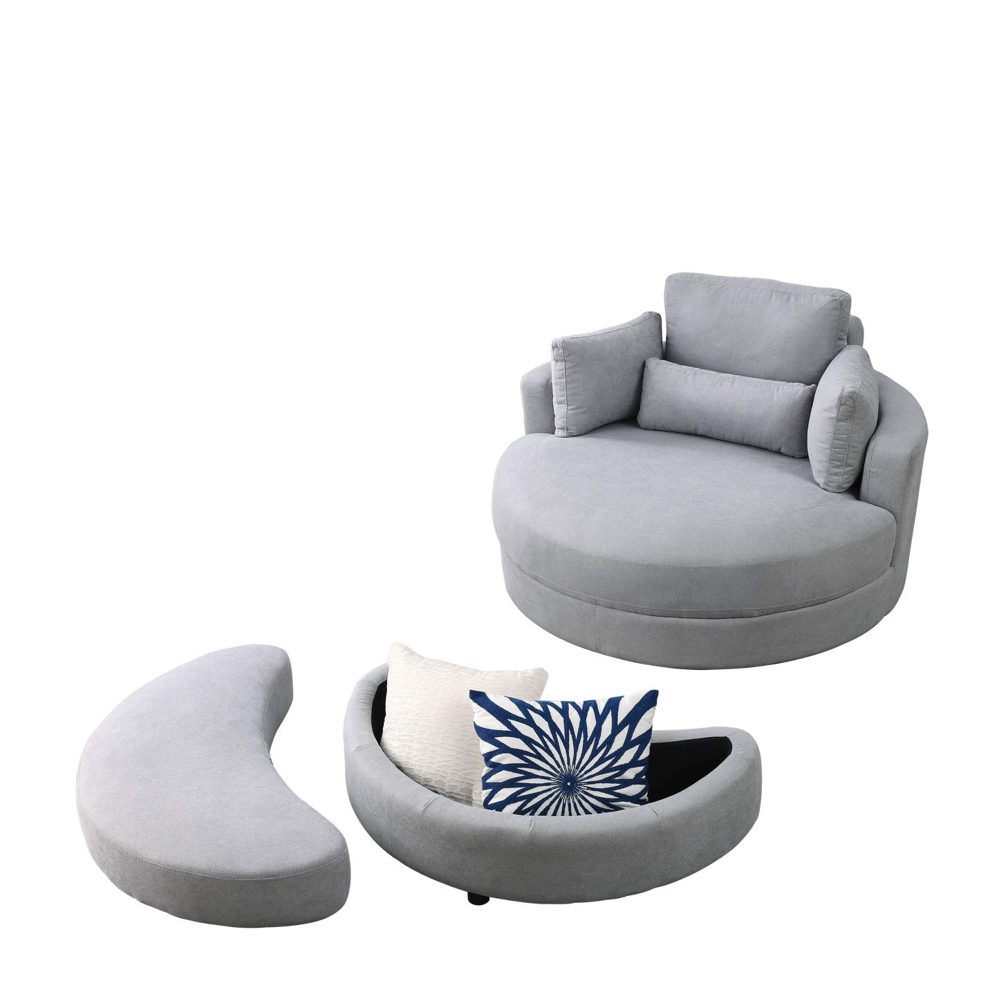 Swivel Accent Barrel Modern Grey Sofa Lounge Club Big Round Chair With Storage Ottoman Linen Fabric for Living Room