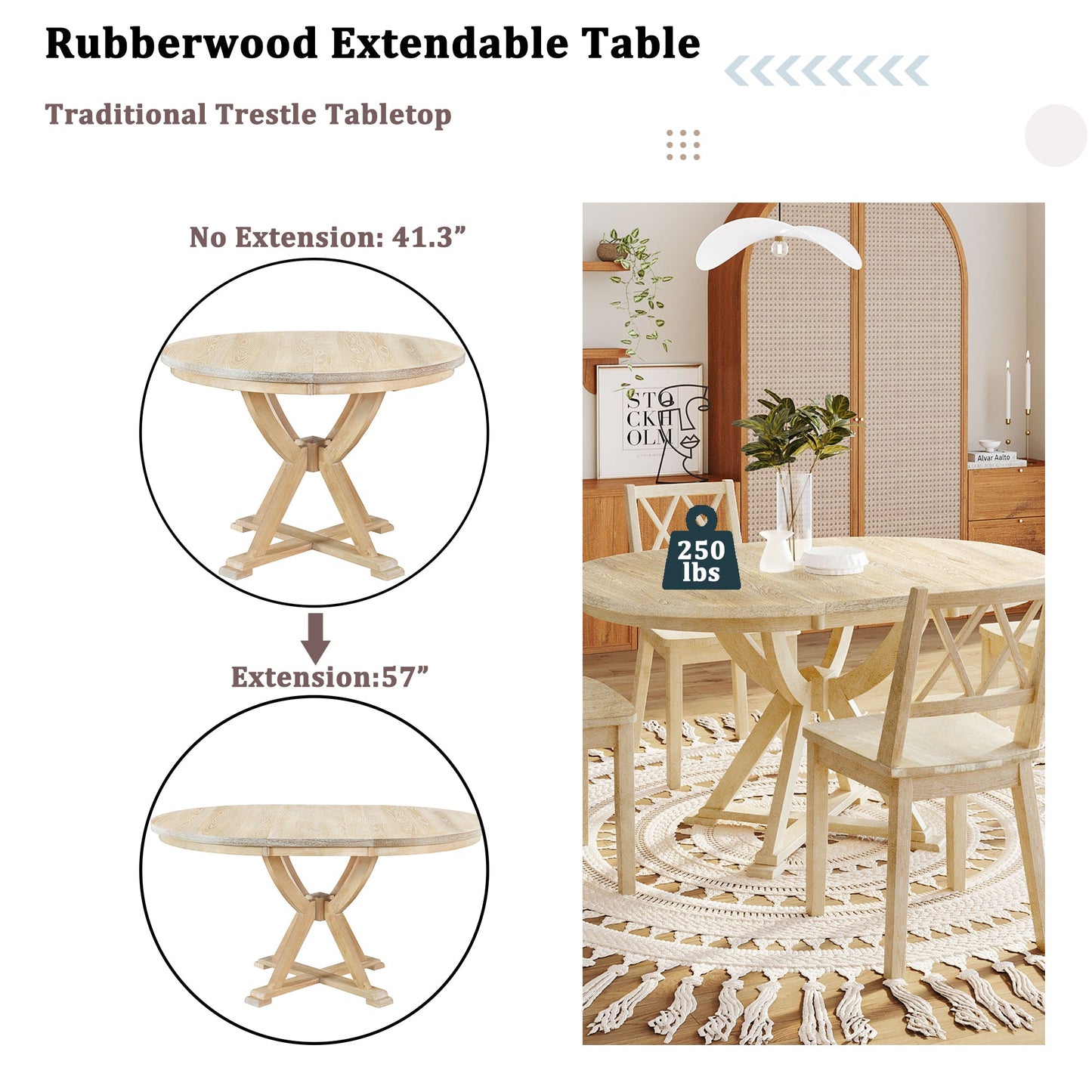 Mid-Century 5-Piece Extendable Round Dining Table Set With 15.7" Removable Leaf and 4 Cross Back Dining Chairs, Natural