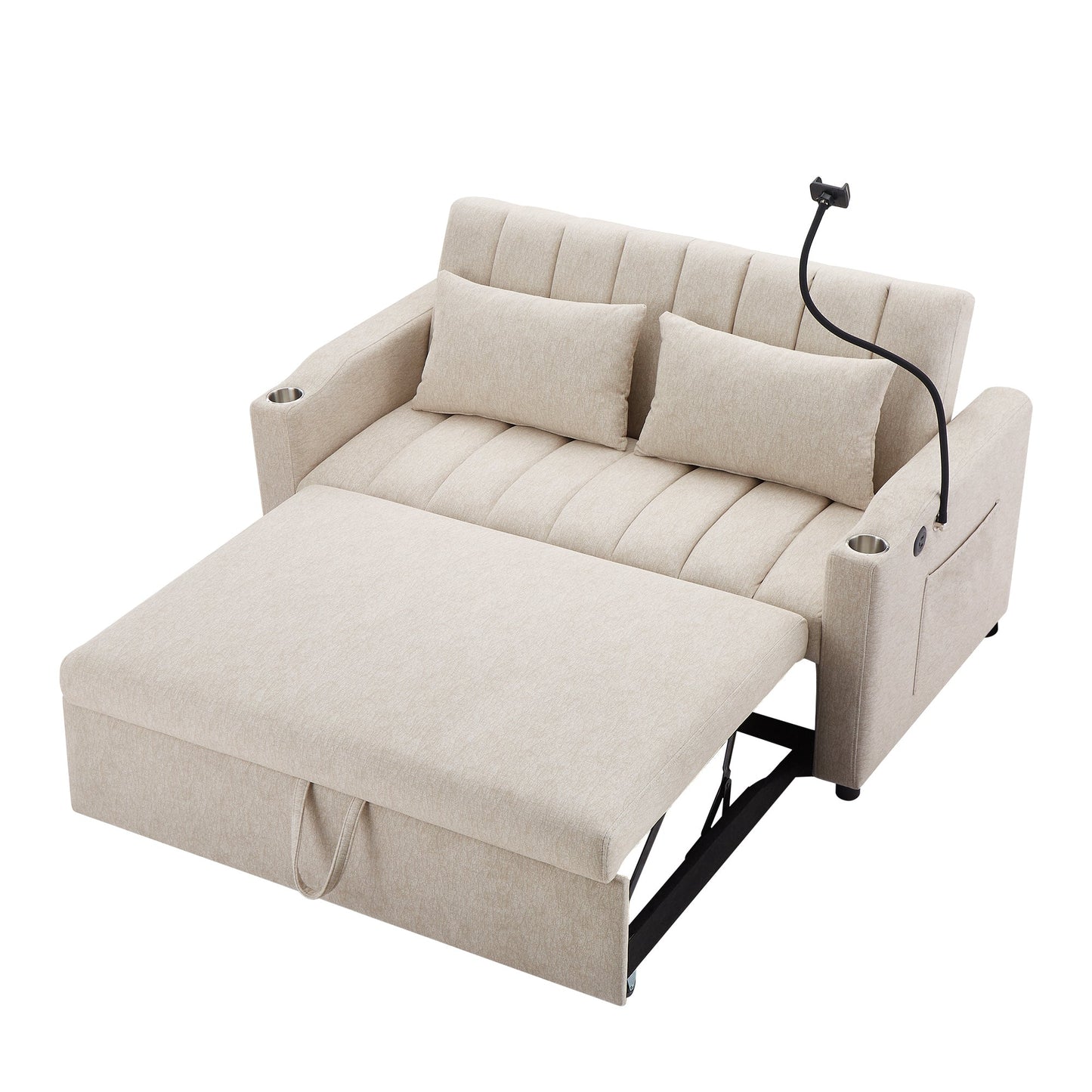 55.9" Convertible Sofa Bed Loveseat Sofa With Three USB Ports, Two Side Pockets, Two Cup Holders