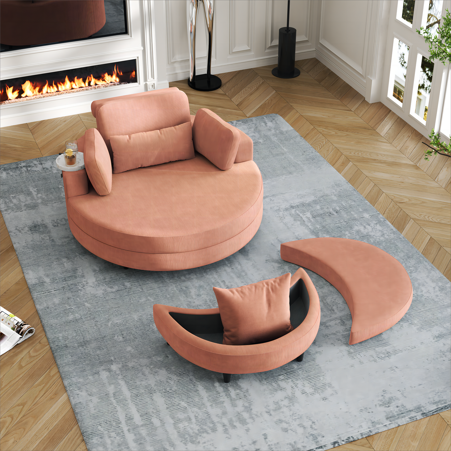 A 51-Inch Orange Corduroy Sofa With Two Throw Pillows, a Waist Pillow and an Extra Tray Is Comfortable
