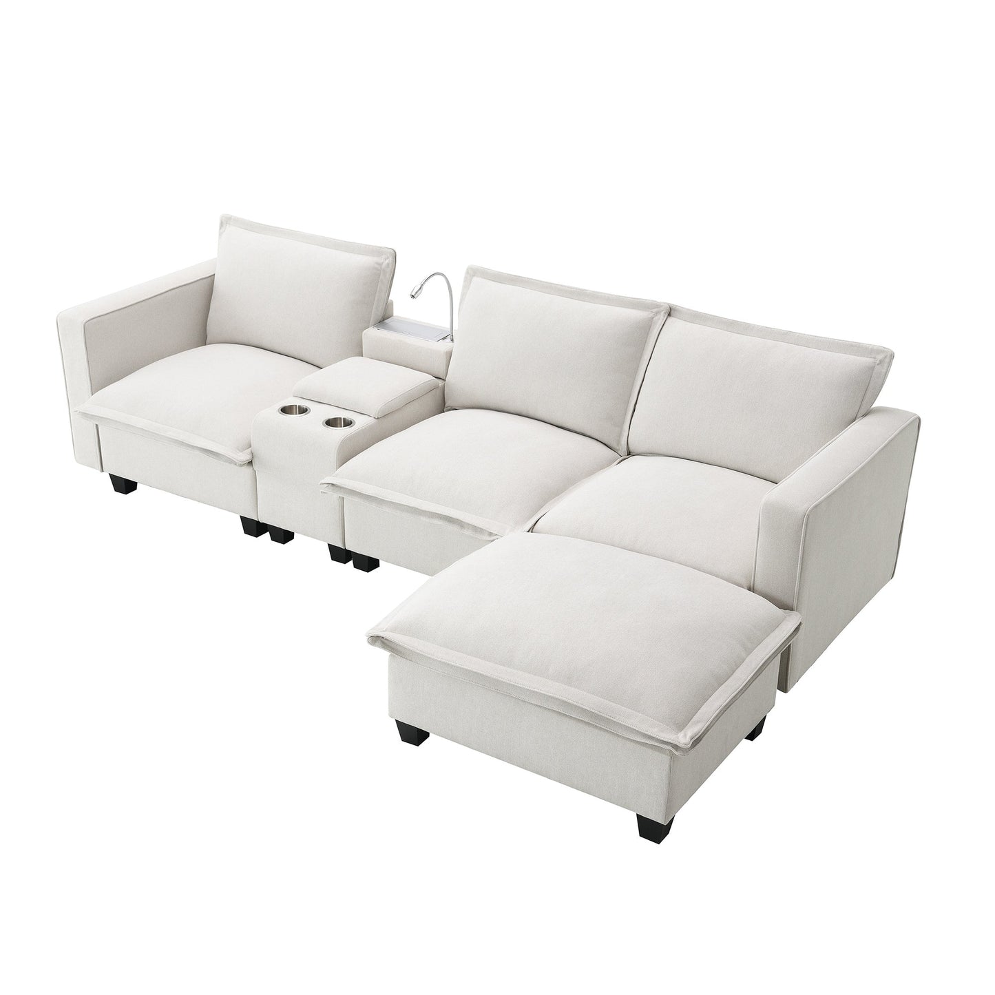 109*57" Modern Sectional Cloud Sofa With Console,USB Charger,Reading Light,Cup Holder,Wide Seat,4 Seat Chenille Modular