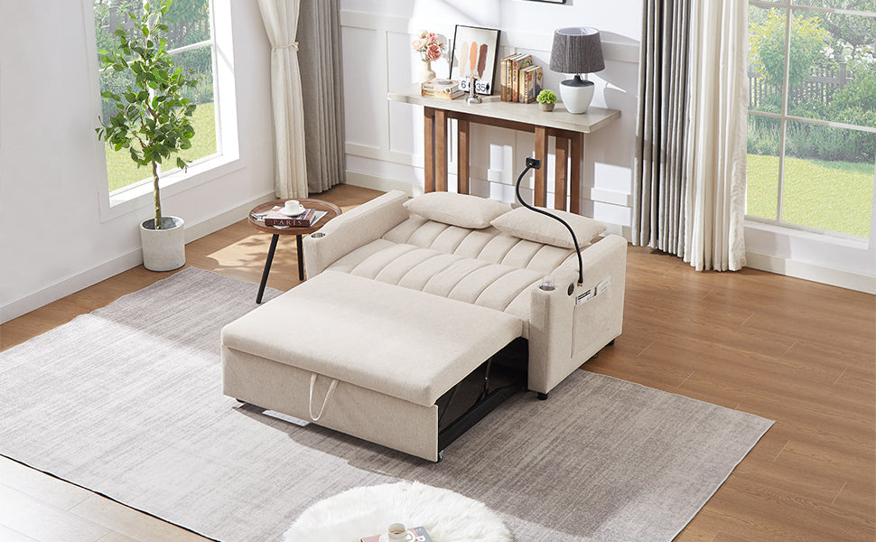 55.9" Convertible Sofa Bed Loveseat Sofa With Three USB Ports, Two Side Pockets, Two Cup Holders