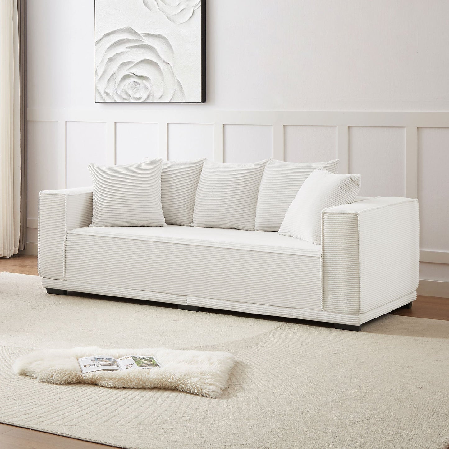 88.97'' Mid Century Modern Upholstered Sofa With 5 Matching Toss Pillows, Including Bottom Frame,Comfy Couches