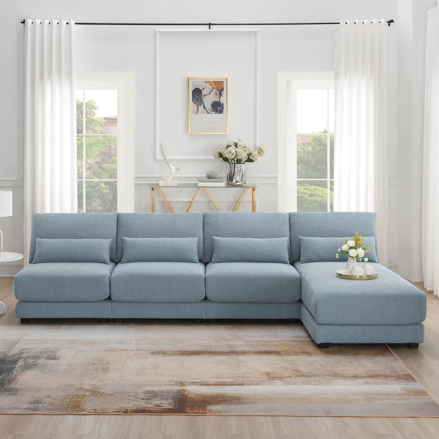 120*61" Oversized Deep Seat Sectional Sofa With Reversible Chaise,Loop Yarn Fabric 5-Seat Armless Indoor Furniture