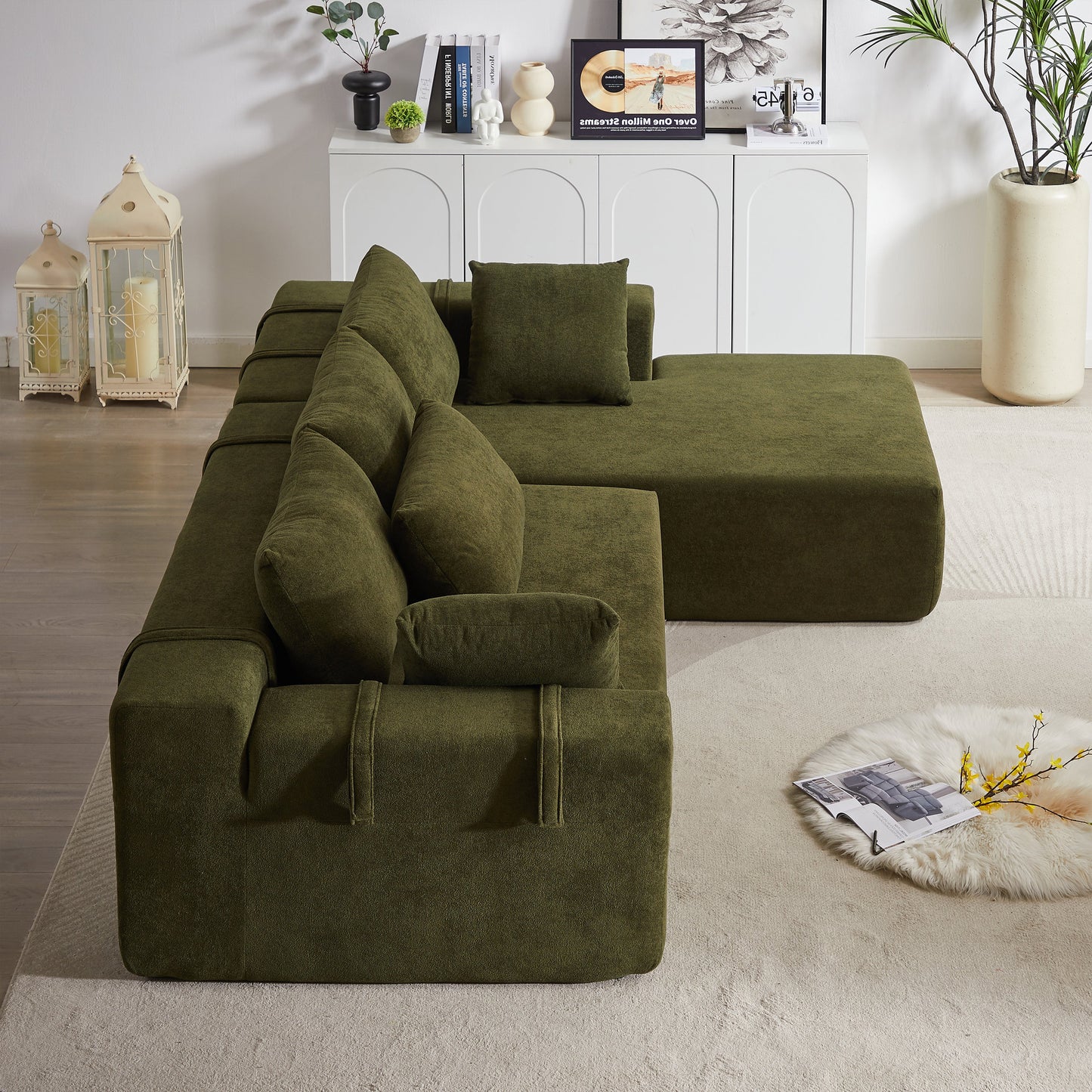 Modern Chenille Upholstered Sectional Sofa Couch Set,Modular 108" L Shaped Sectional Living Room Sofa Set With 6 Pillows