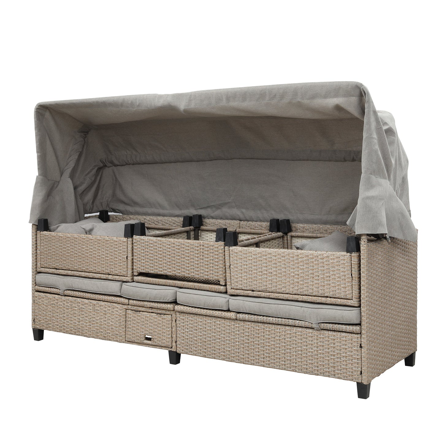 4 Piece UV-Proof Resin Wicker Patio Sofa Set With Retractable Canopy, Cushions and Lifting Table,Brown
