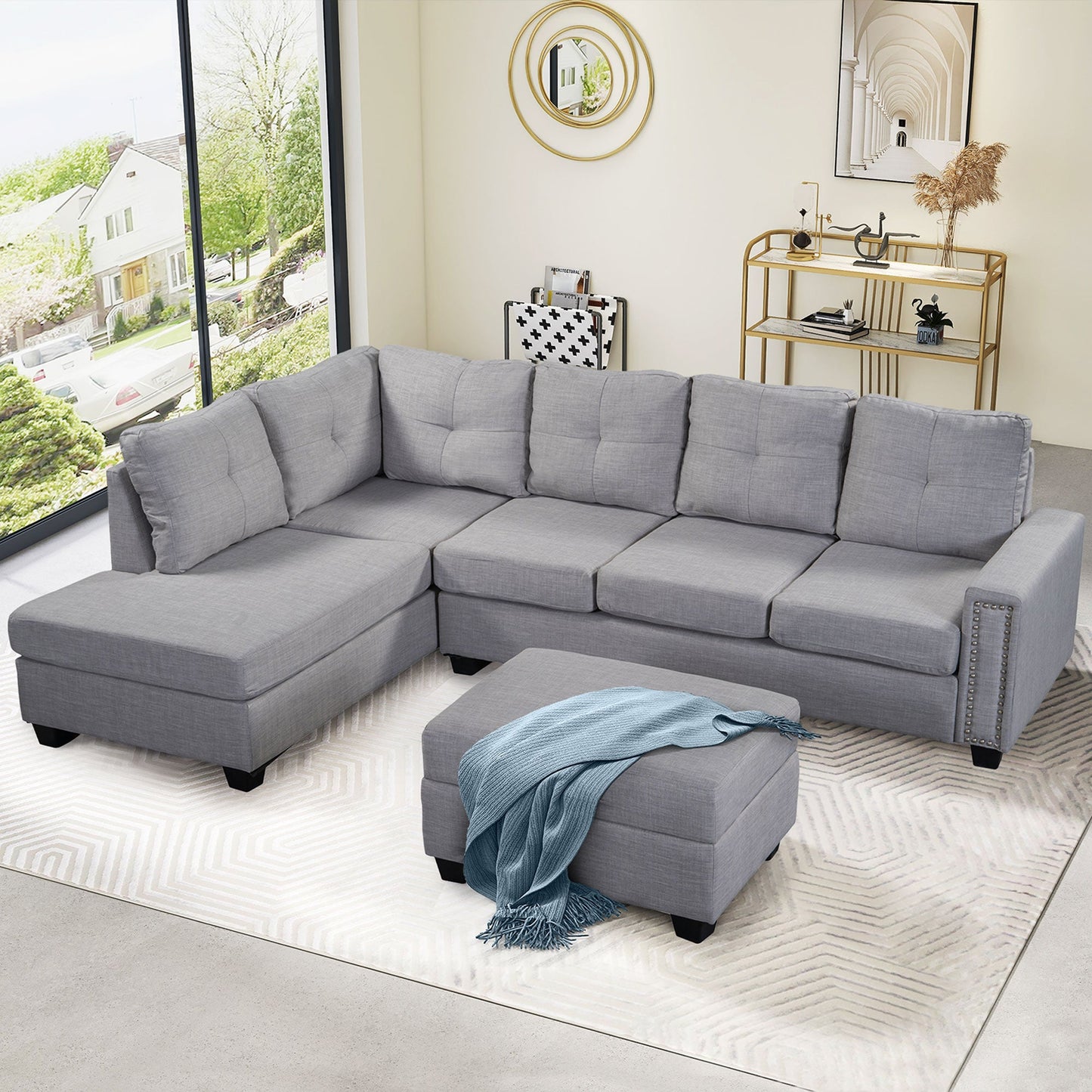 Reversible Sectional Sofa Space Saving With Storage Ottoman Rivet Ornament