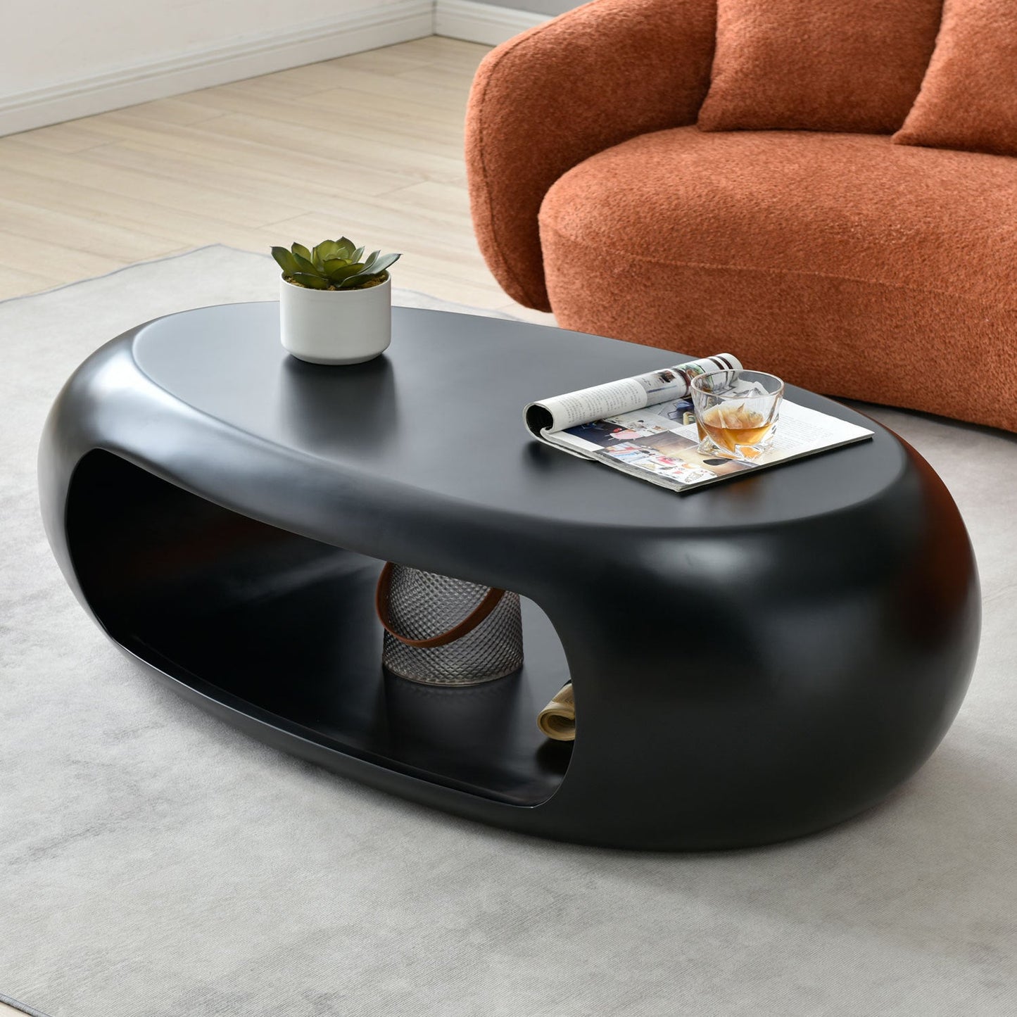 53.93'' Modern Oval Coffee Table, Sturdy Fiberglass Center Cocktail Table Tea Table for Living Room, BLACK, No Need Assemble