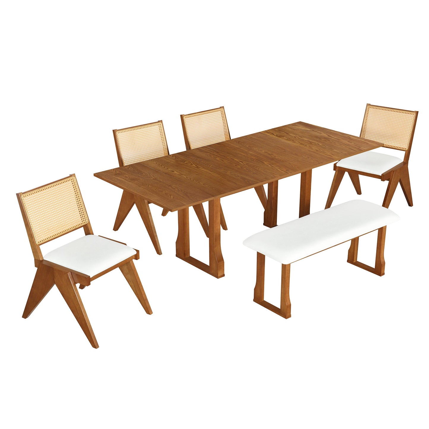 Modern 6-Piece 82.7inch Extendable Dining Table Set With 4 Wicker Back Upholstered Dining Chairs and Long Bench