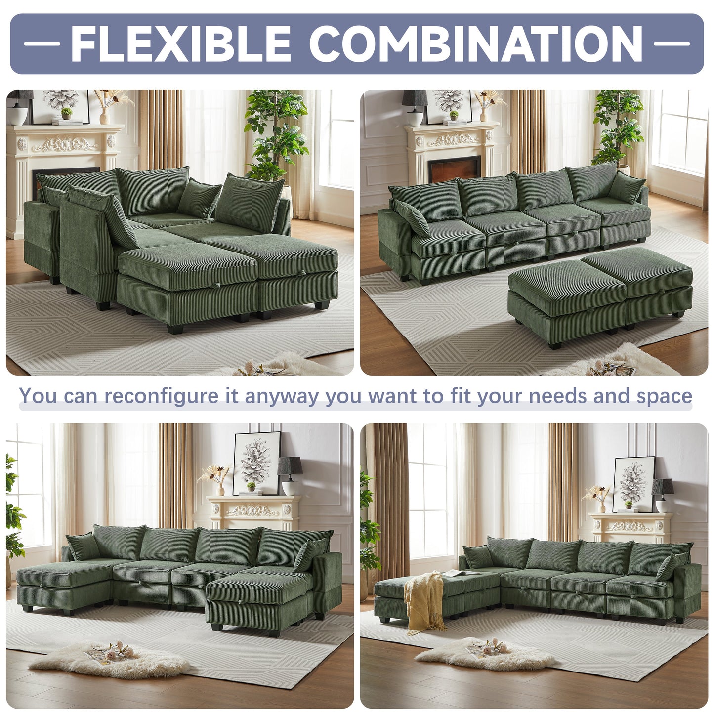 113.5'' Modular Sectiona Corduroy Sofa, Sectional Couches for Living Room U Shaped Sectional Couch With Storage Ottoman