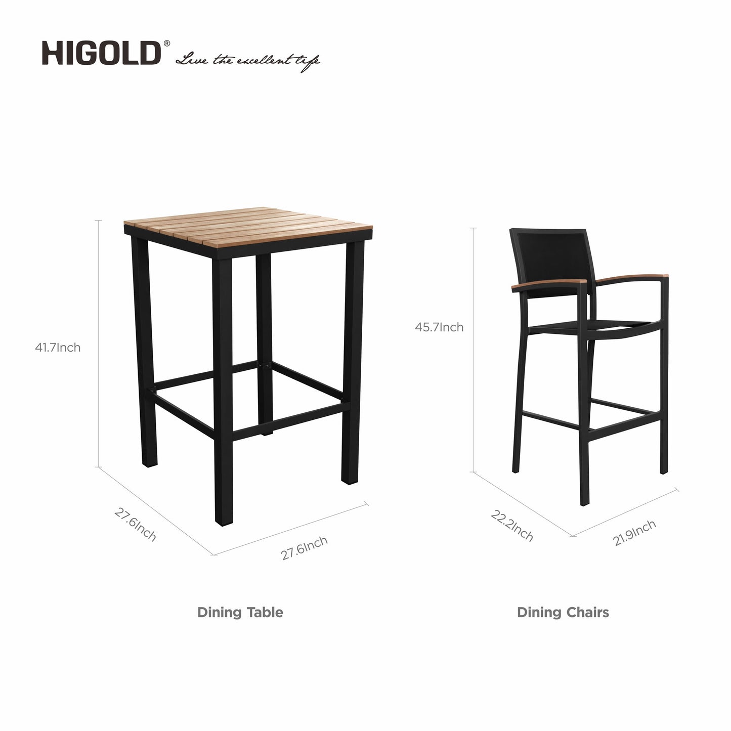 HIGOLD Carlo 5 Pieces Imitated Wood Outdoor Aluminum Pub Set for 4 Person, Charcoal Black