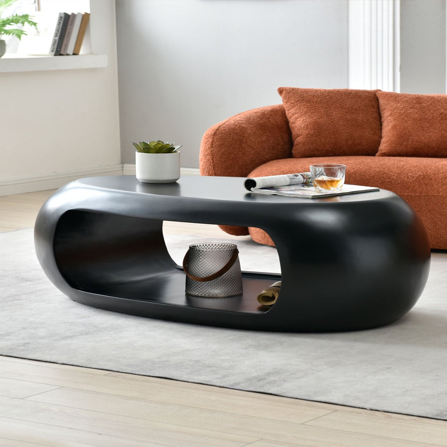 53.93'' Modern Oval Coffee Table, Sturdy Fiberglass Center Cocktail Table Tea Table for Living Room, BLACK, No Need Assemble