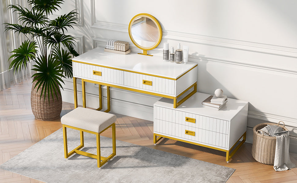 Modern Style Vanity Table With Movable Side Cabinet and 4-Drawers, Large Size Dressing Table With Mirror and 3-Colors