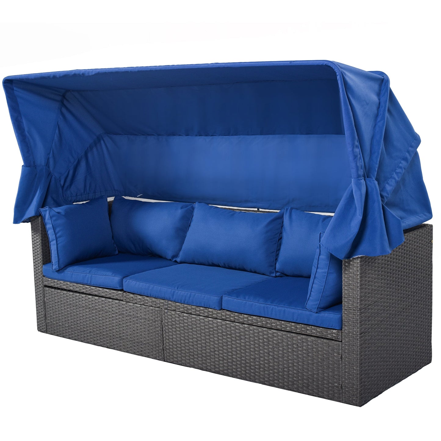 Outdoor Patio Rectangle Daybed With Retractable Canopy, Wicker Furniture Sectional Seating With Washable Cushions