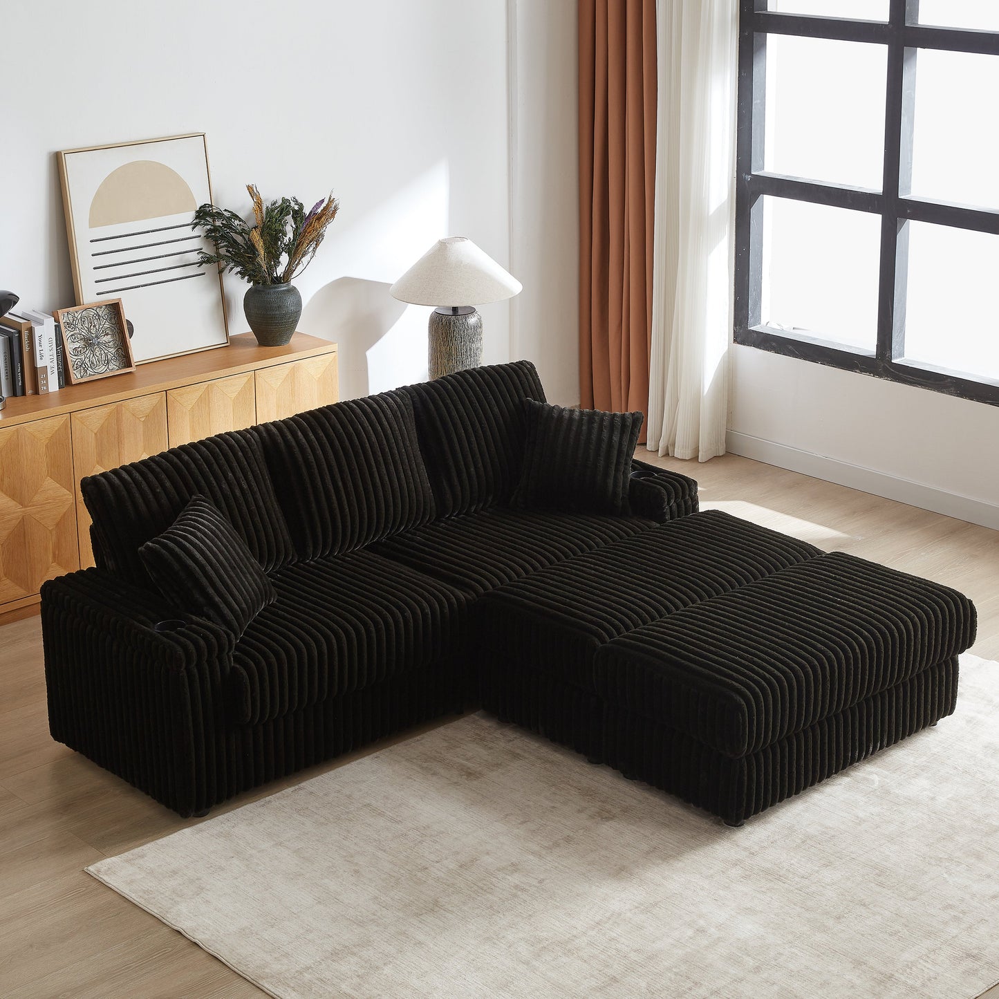 84Inch Corduroy 3-Seater Sofa With 3 Back Pillows ,2 Toss Pillows , a Ottoman ,2storage Spaces and Cup-Holding Grooves