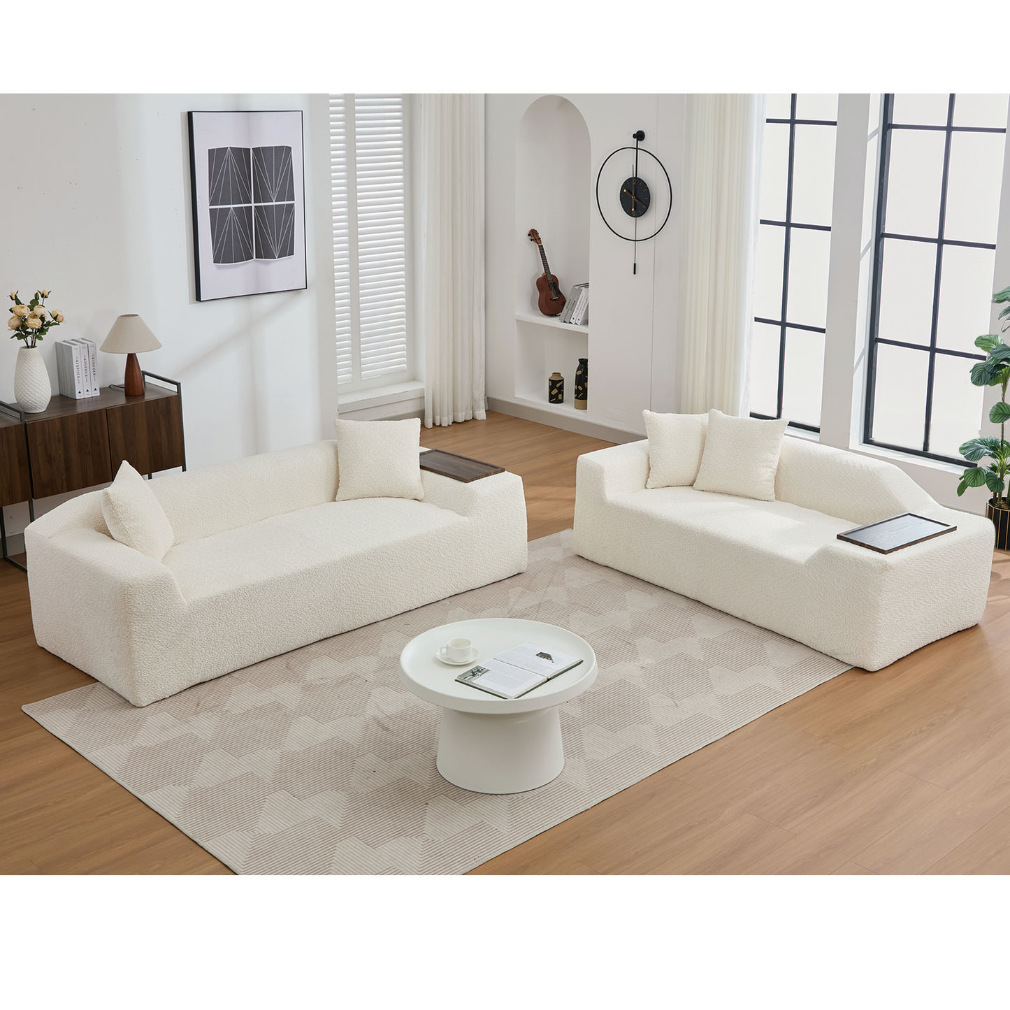 2 Piece Boucle Cloud Sofa Set, Upholstered Sofa Set, Modern 3 Seater and 2 Seater Sofa With MDF End Table for Living Room