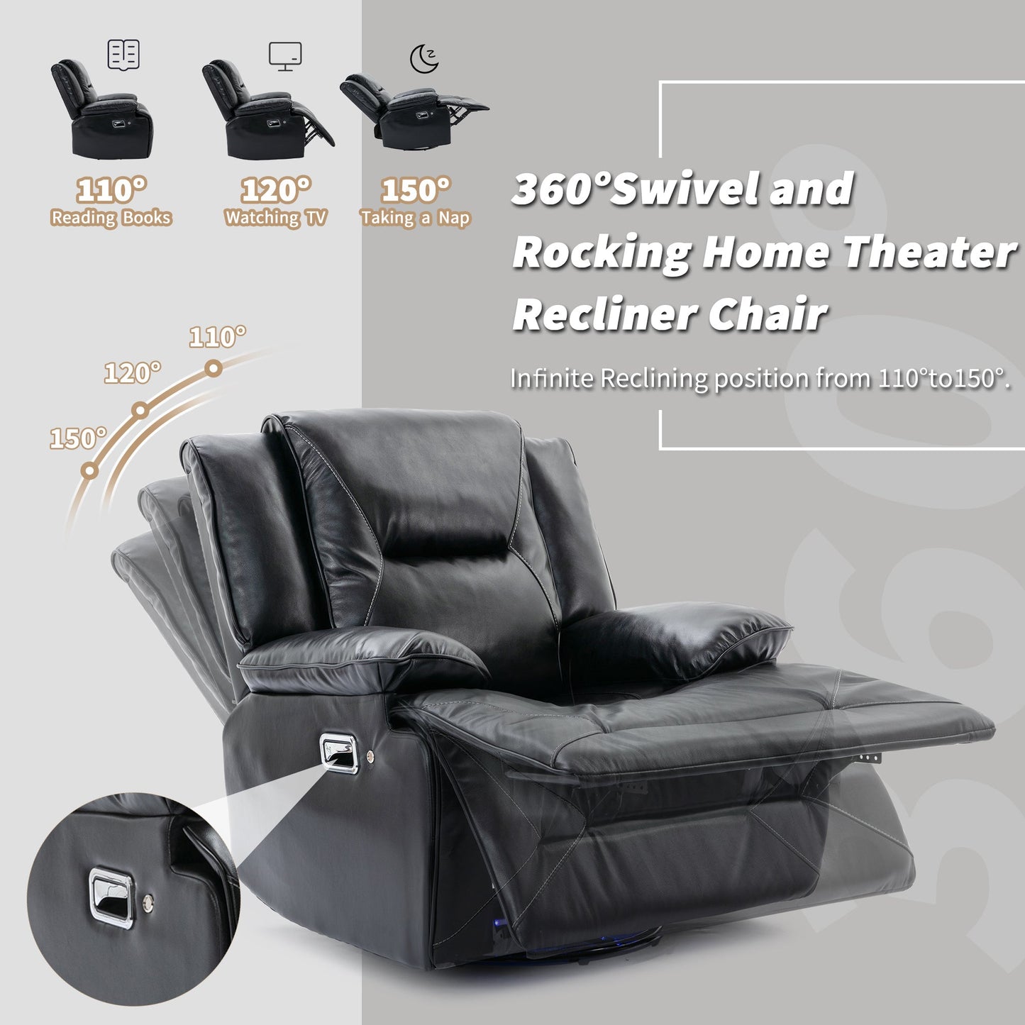 360° Swivel and Rocking Home Theater Recliner Manual Recliner Chair With a LED Light Strip for Living Room,Bedroom