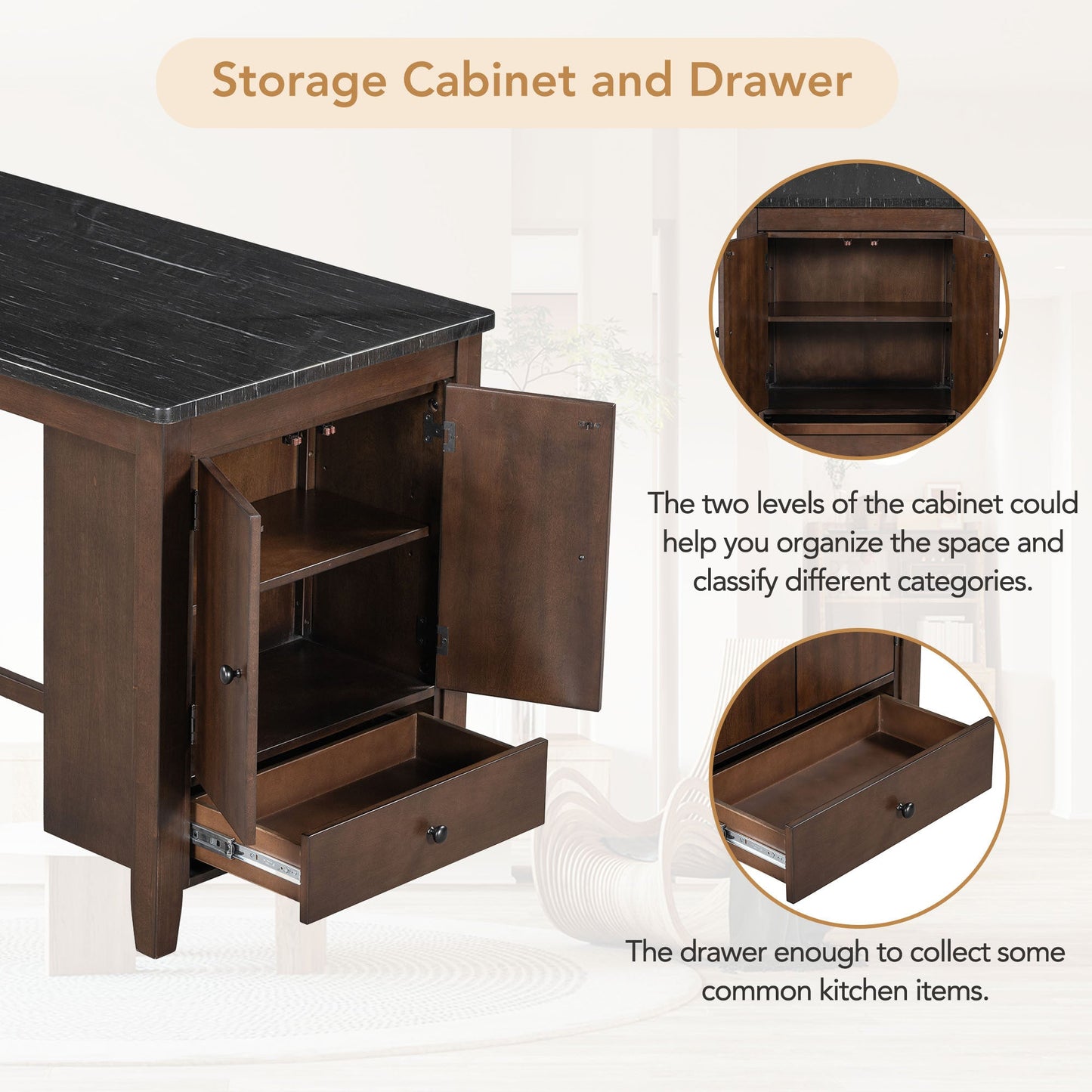 Counter Height 5-Piece Dining Table Set With Faux Marble Tabletop, Solid Wood Table Set With Storage Cabinet and Drawer