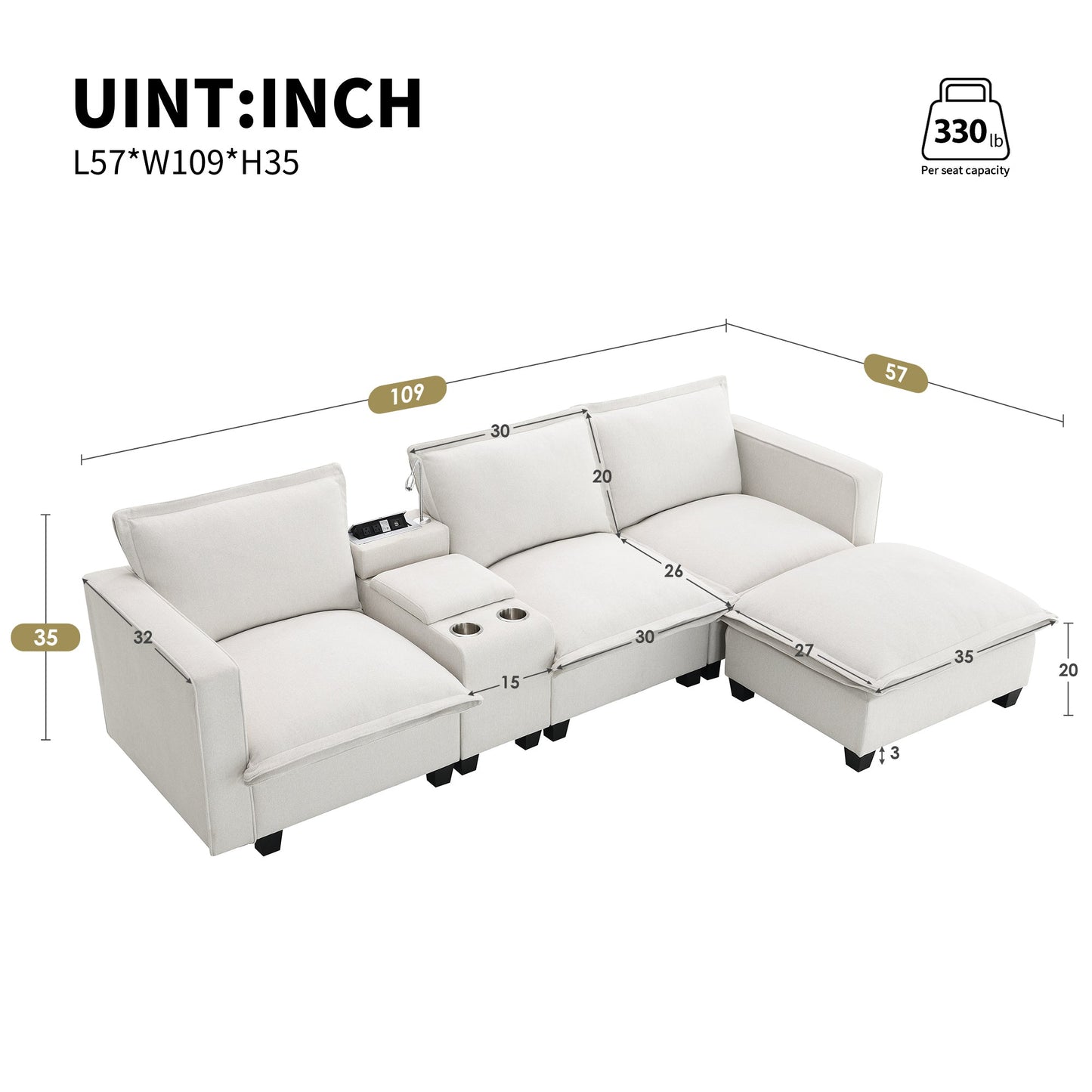 109*57" Modern Sectional Cloud Sofa With Console,USB Charger,Reading Light,Cup Holder,Wide Seat,4 Seat Chenille Modular