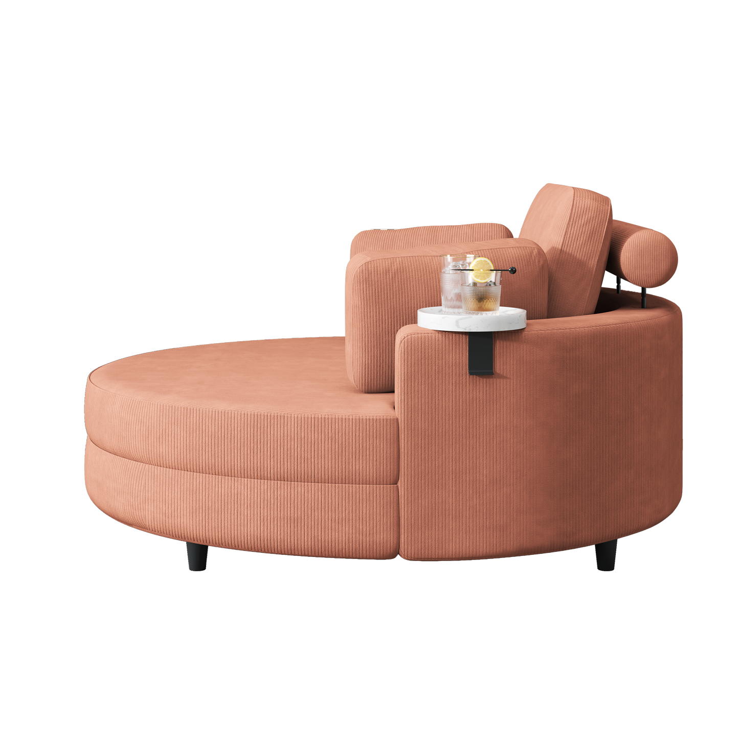 A 51-Inch Orange Corduroy Sofa With Two Throw Pillows, a Waist Pillow and an Extra Tray Is Comfortable