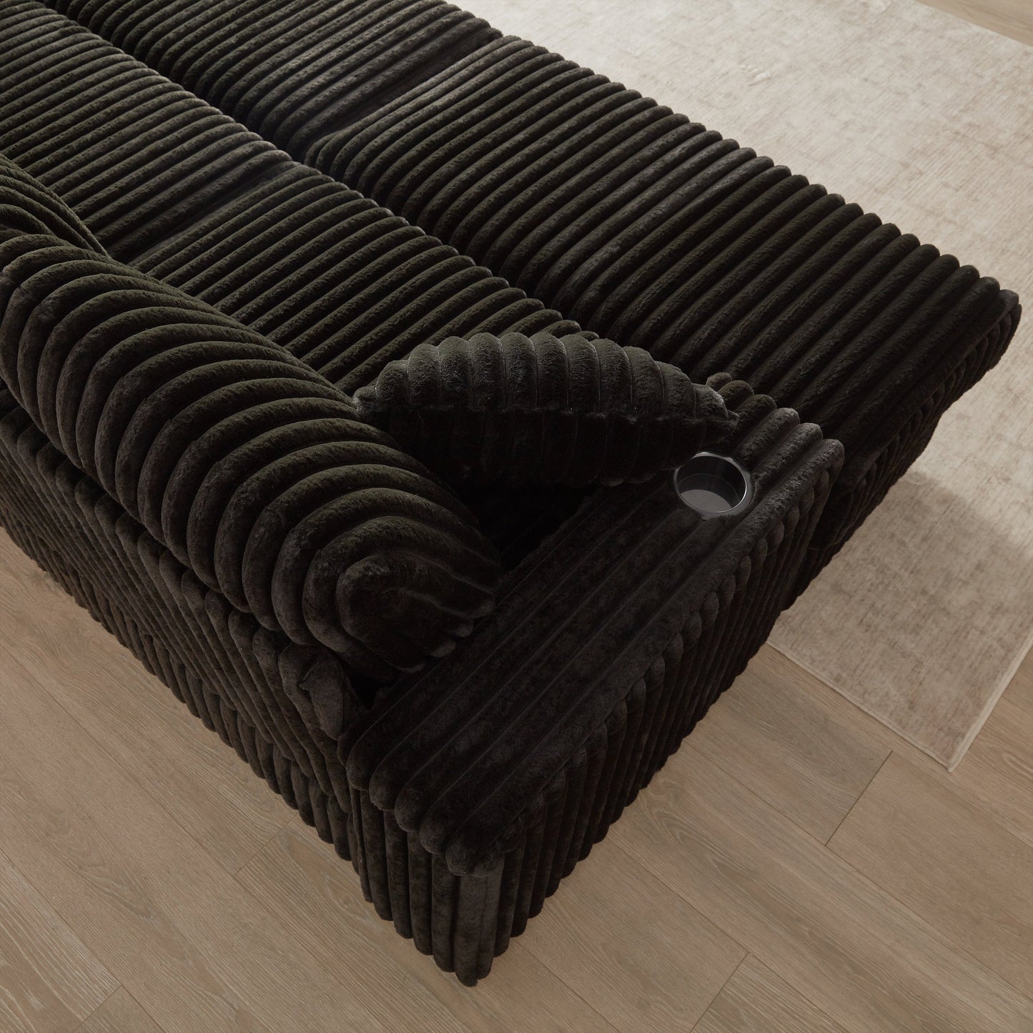 84Inch Corduroy 3-Seater Sofa With 3 Back Pillows ,2 Toss Pillows , a Ottoman ,2storage Spaces and Cup-Holding Grooves