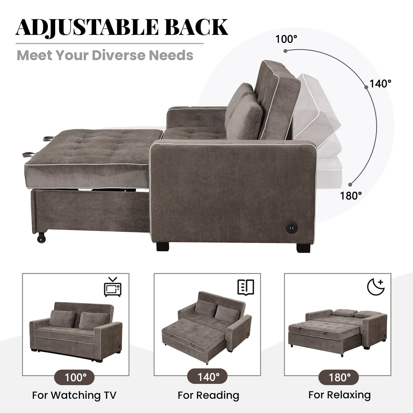 65.7" Linen Upholstered Sleeper Bed , Pull Out Sofa Bed Couch Attached Two Throw Pillows,Dual USB Charging Port