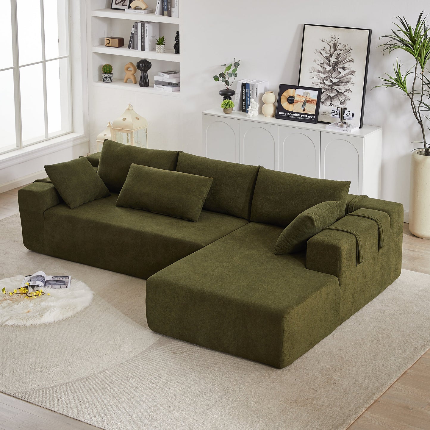 Modern Chenille Upholstered Sectional Sofa Couch Set,Modular 108" L Shaped Sectional Living Room Sofa Set With 6 Pillows