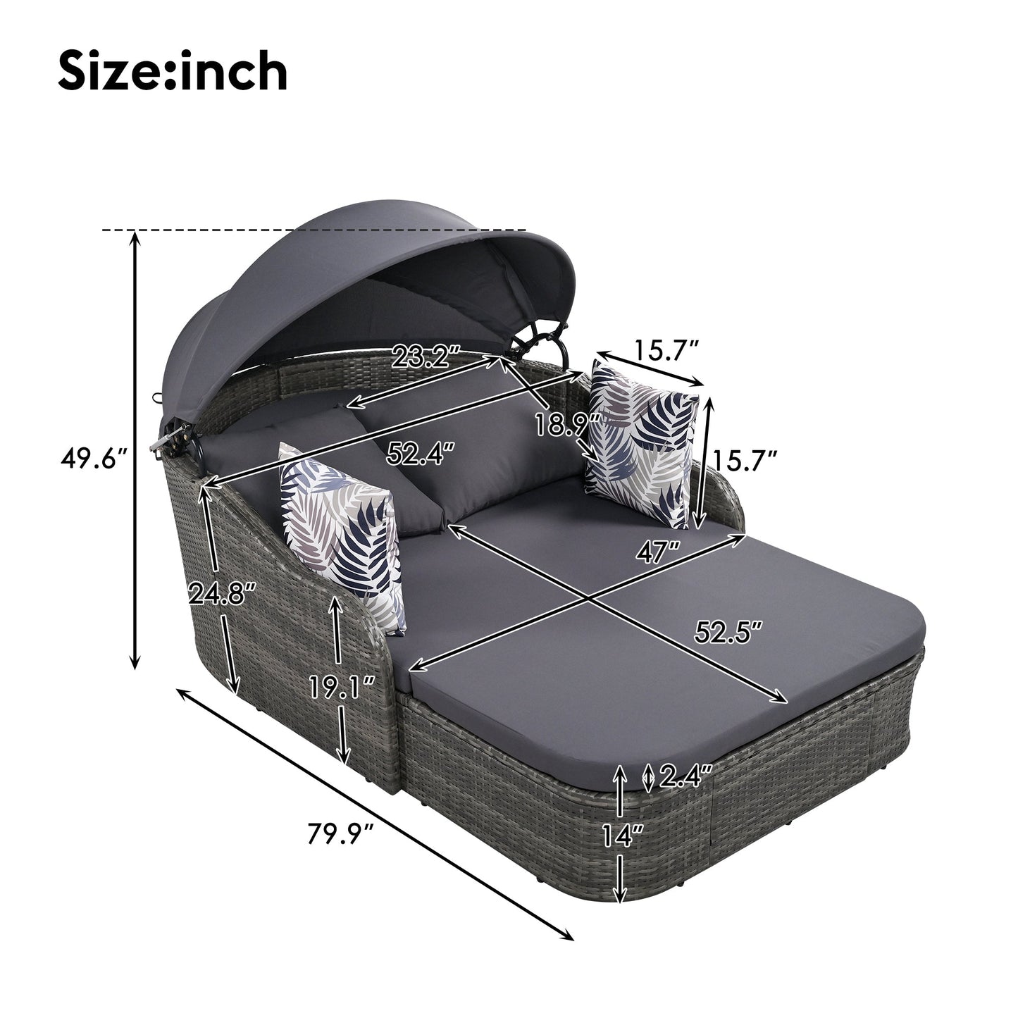 79.9" Outdoor Sunbed With Adjustable Canopy, Double Lounge, PE Rattan Daybed, Gray Wicker and Cushion