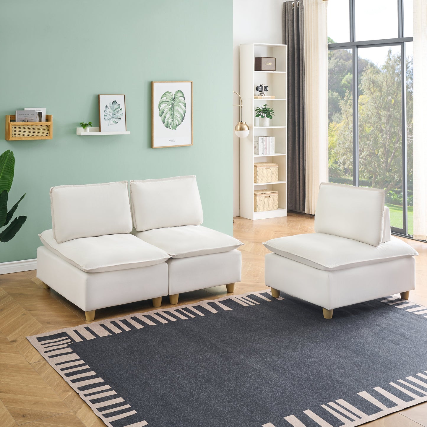 88-Inch Simple, Modern and Ultra-Comfortable Straight-Row Three-Seater Off-White Flannel Sofa Is Suitable for Living Room