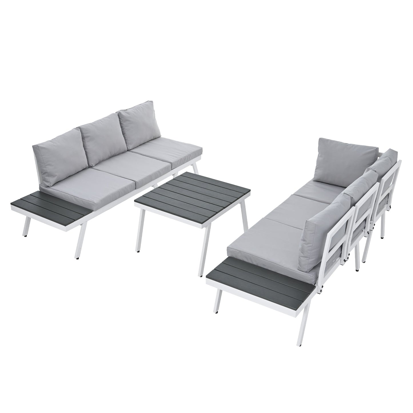 Industrial 5-Piece Aluminum Outdoor Patio Furniture Set, Modern Garden Sectional Sofa Set With End Tables, Coffee Table