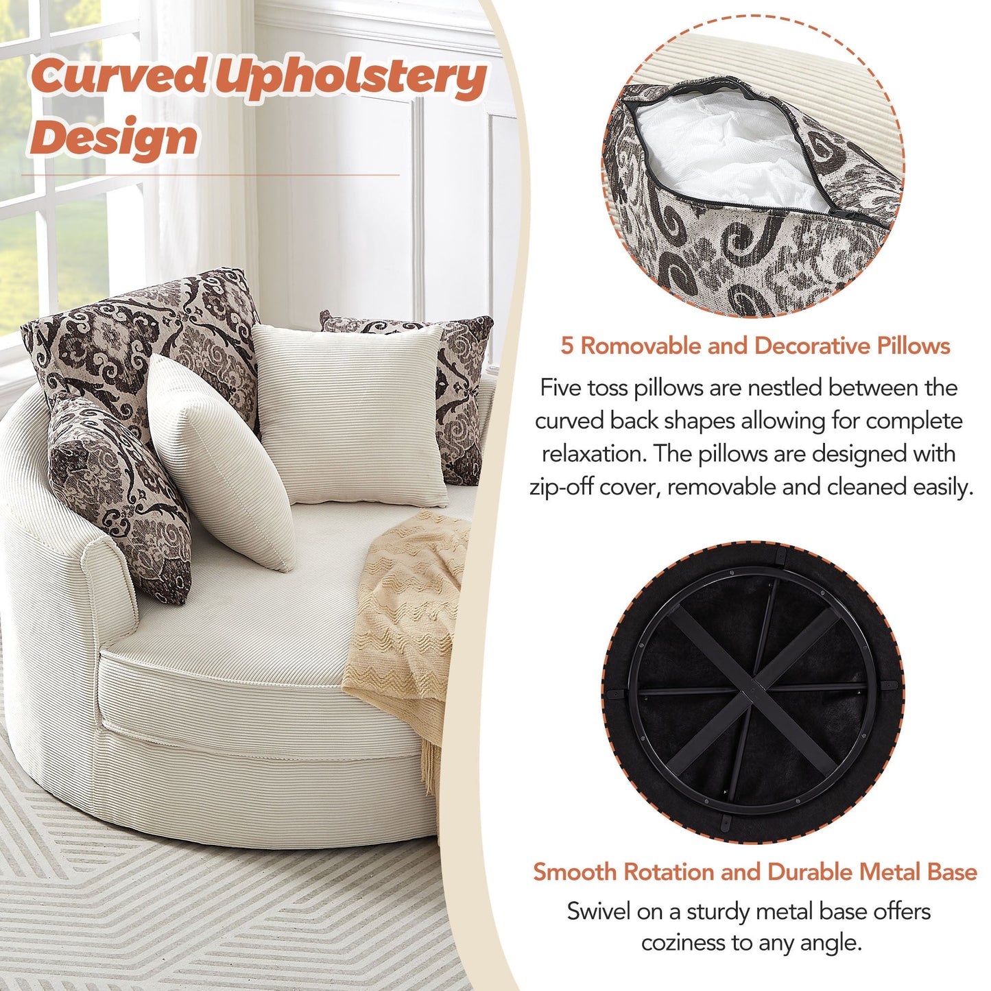Swivel Accent Barrel Chair With 5 Movable Pillow 360 Degree Swivel Round Sofa Chair for Living Room,Bedroom, Hotel