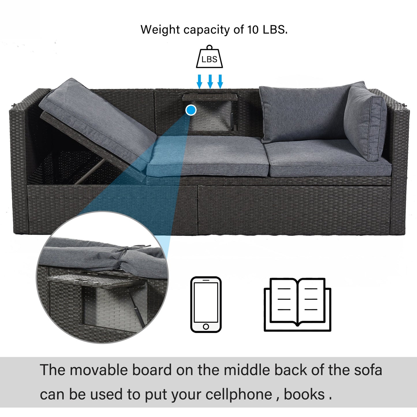 Outdoor Patio Rectangle Daybed With Retractable Canopy, Wicker Furniture Sectional Seating With Washable Cushions