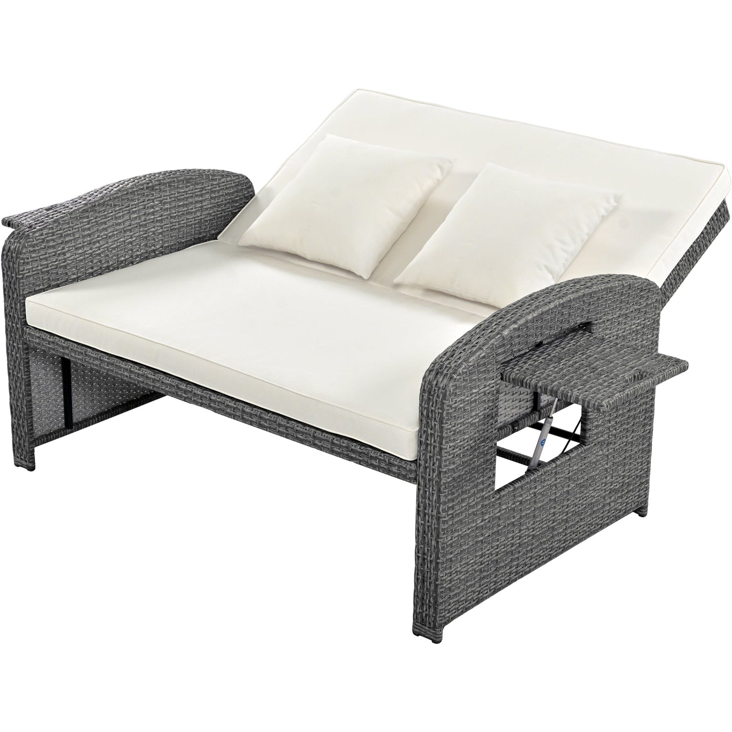 PE Wicker Rattan Double Chaise Lounge, 2-Person Reclining Daybed With Adjustable Back and Cushions