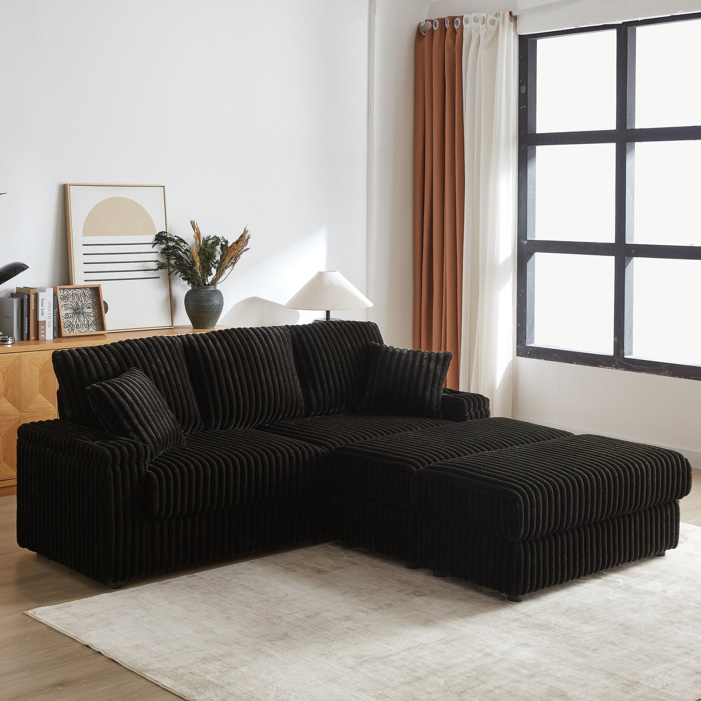 84Inch Corduroy 3-Seater Sofa With 3 Back Pillows ,2 Toss Pillows , a Ottoman ,2storage Spaces and Cup-Holding Grooves