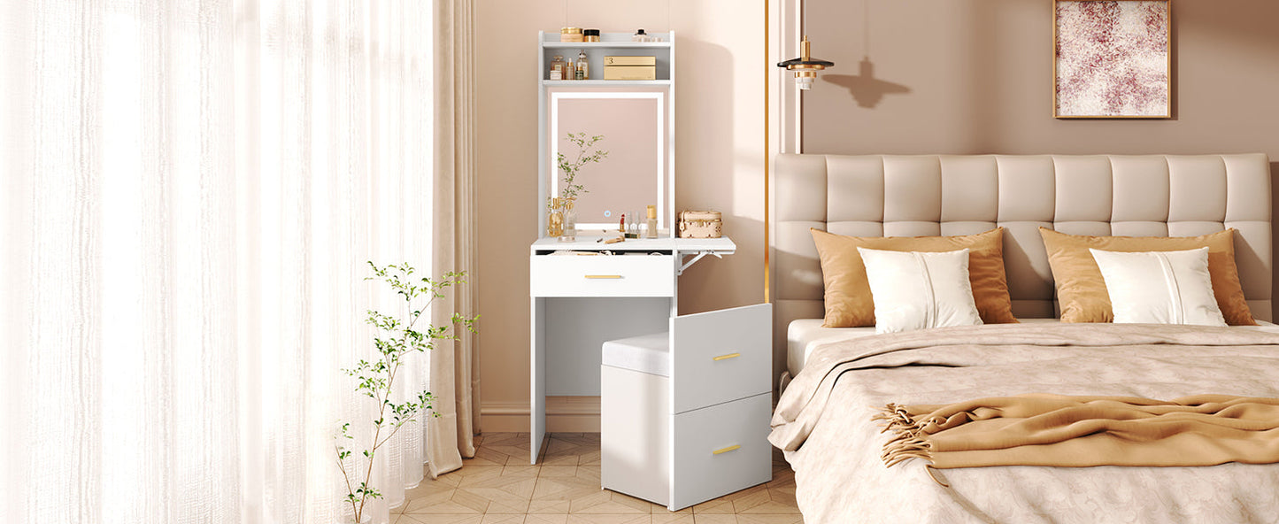 Small Vanity Desk With Mirror and Light, Dressing Table With Charging Station & Fold-Up Panel for Small Space, Compact