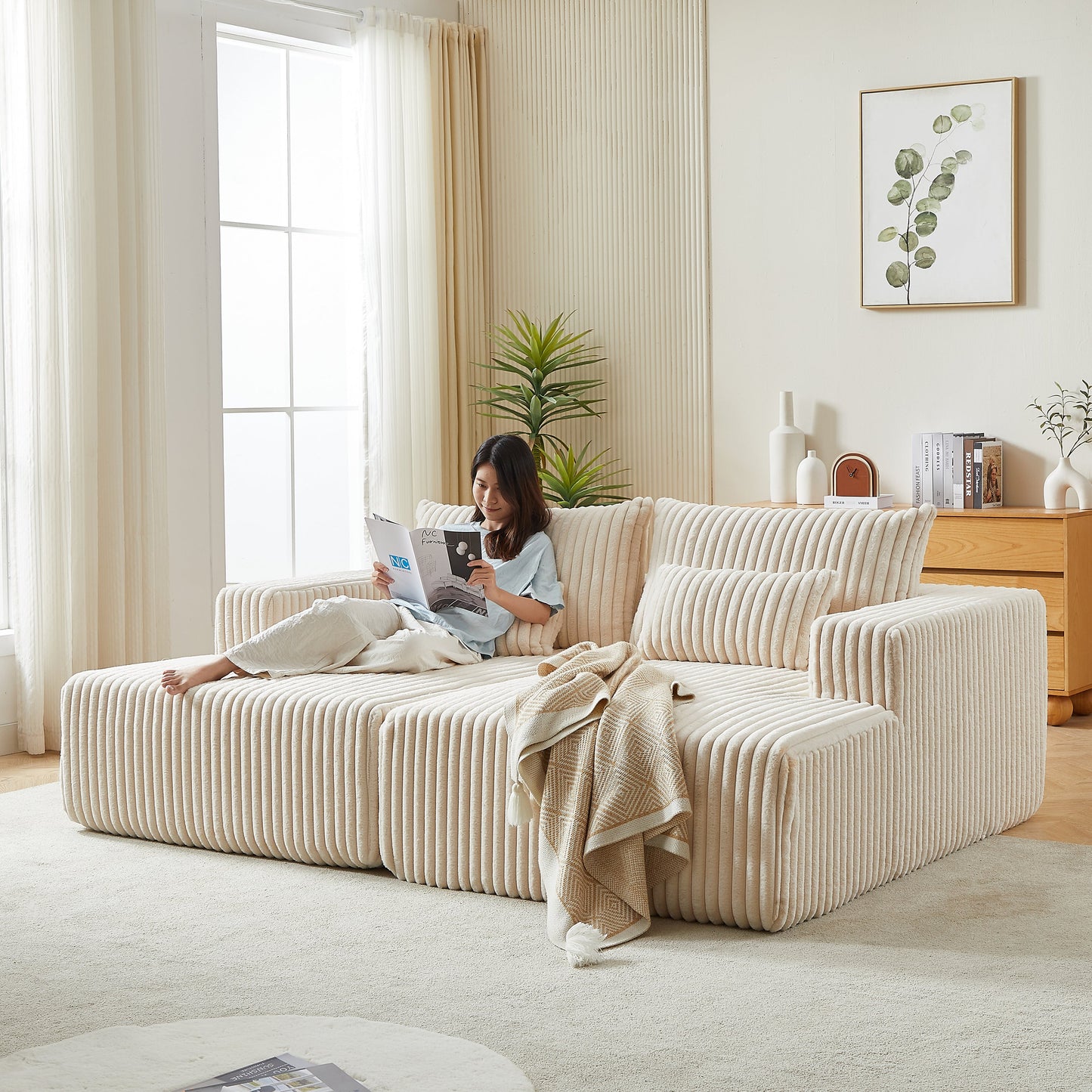 87" Oversized Sectional Lounge Chaise,No Assembly Required,Cloud Plush Loveseat With Reclining Sofa Bed,Fluffy Modern
