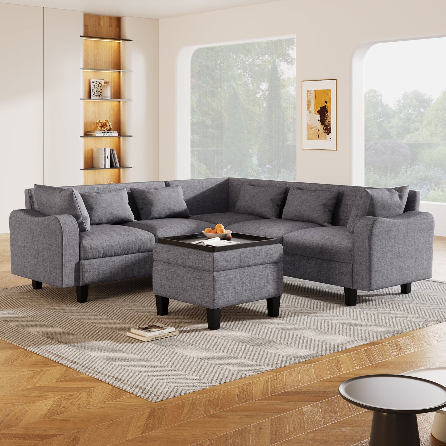 87" Modern Sectional Sofa With Coffee Table,6-Seat Couch Set With Storage Ottoman,Various Combinations,L-Shape Indoor