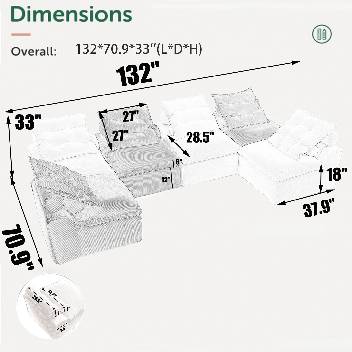 Modular Sofa,No Armrests,At Will DIY,Corduroy ,Neck Pillow-Back Lounge Sofa Chair,Reading Nook, or Apartment Living