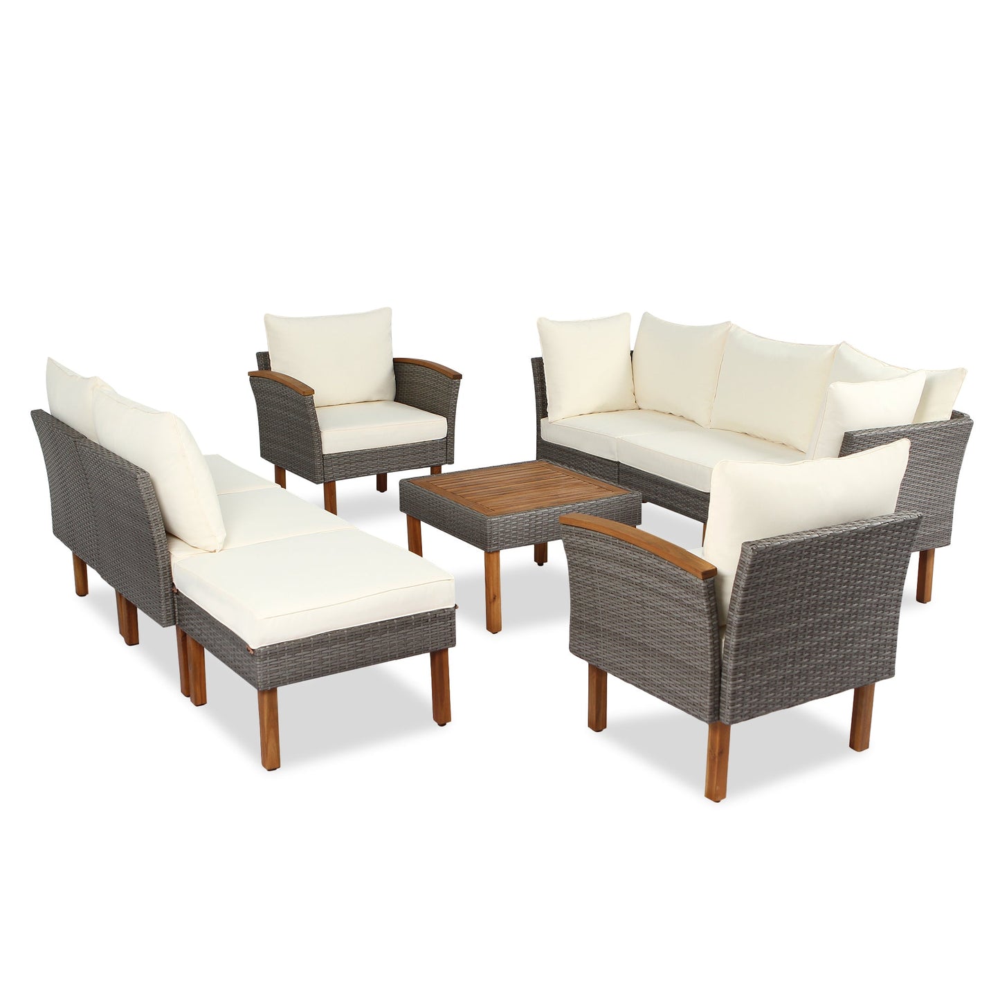 GO 9-Piece Patio Rattan Furniture Set, Outdoor Conversation Set With Acacia Wood Legs and Tabletop, PE Rattan Sectional